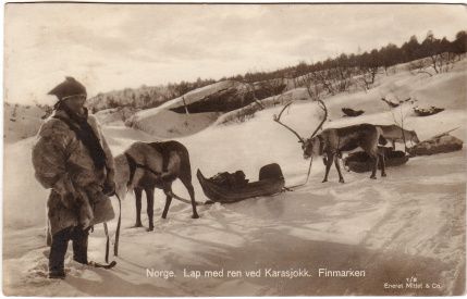Norge. Lap med ren ved Karasjokk. finmarken. Enerett: Mittet Nr. 1/8. Postgått i 1932.